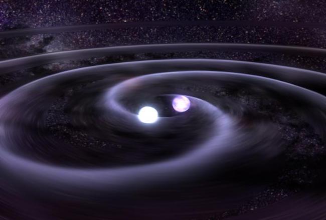 Artist's impression a neutron star merger and the gravitational waves it creates. (Credit: NASA/Goddard Space Flight Center)