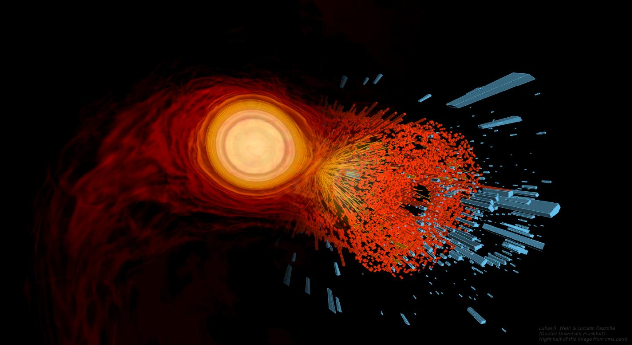 A computer simulation of two merging neutron stars (left) is blended with an image of heavy-ion collisions at CERN. (Credit: Lukas R Weih and Luciano Rezzolla/Goethe University Frankfurt and CMS/CERN)
