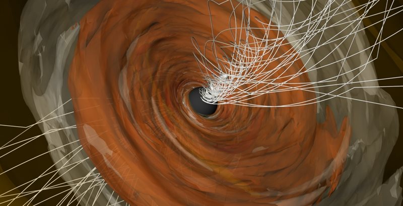 A computer simulation of a disk of plasma around the supermassive black hole at the center of the M87 galaxy. A new analysis of the circularly polarized, or spiraling light, in EHT observations shows that magnetic fields near the black hole are strong. These magnetic fields push back on infalling matter and help launch jets of matter at velocities near the speed of light out. Image Credit: George Wong